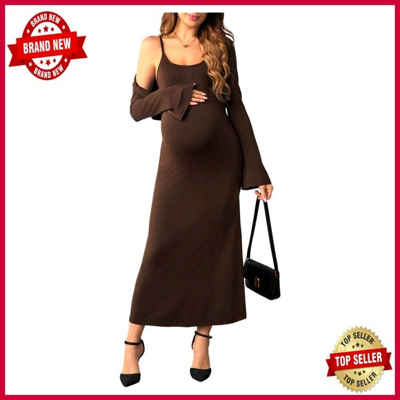 Dresses & Skirts - Maternity 2 Piece Set Long Sleeve Cropped Cardigan Bodycon Cami Dress